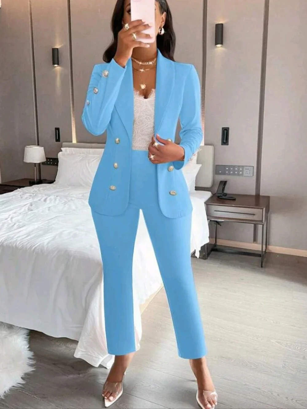 Women's Solid Color Minimalist Daily Wear Long Sleeve Pants Suit, 2 Piece Sets